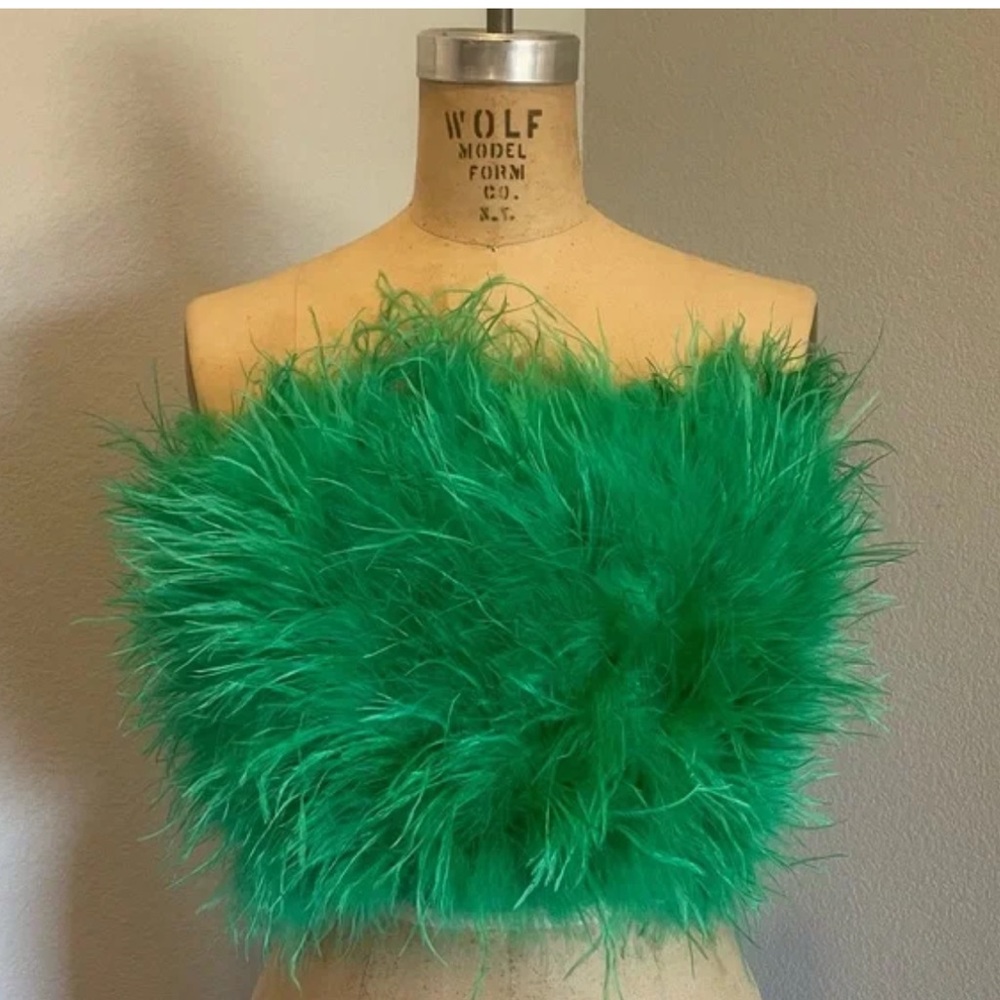 Buddy Love- SZ S Green Fancy Strapless Feather Crop Top